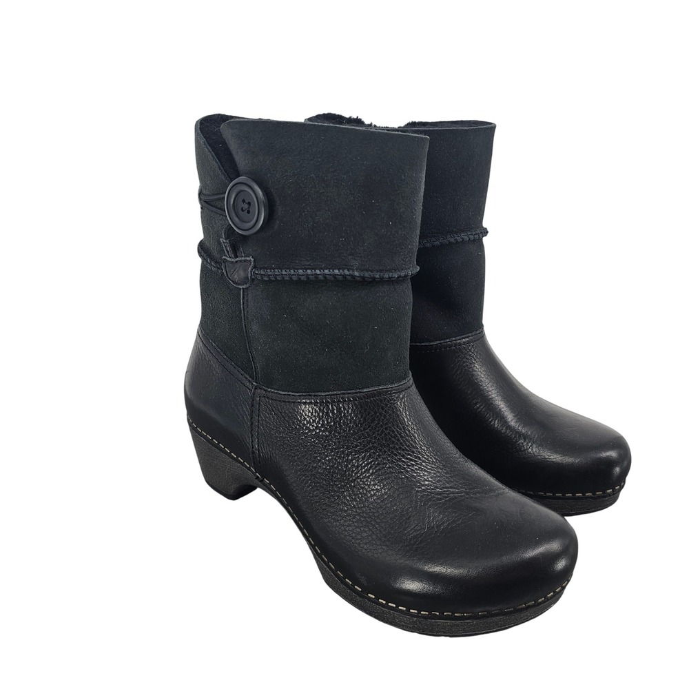 DANSKO LILLITH BLACK LEATHER SUEDE FAUX FUR BUTTON ANKLE BOOTS EU 38 US 7.5 NWOT